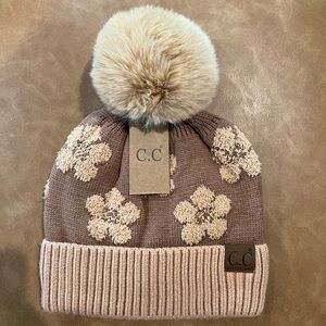 C.C Brown Pom Pom Floral Knit Beanie NWT